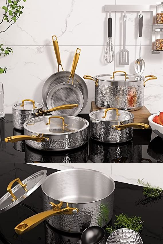 Pots And Pans Set Tri Ply Stainless Steel Hammered Kitchen Cookware 